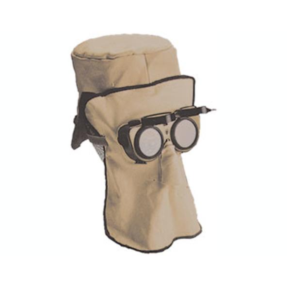 Brillenmaske aus Leder mit Nackenschutz und Kopfhaube